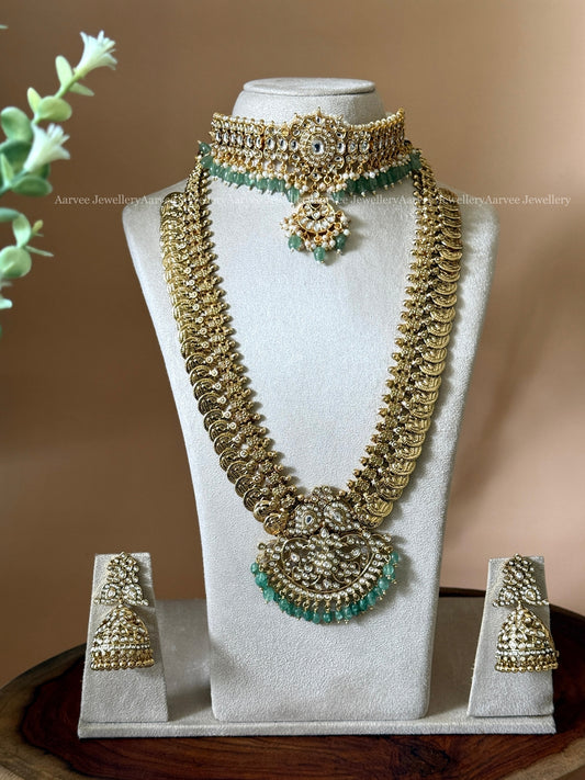 COMBO - KUNDAN SINGLE PENDANT CHOKER| ANTIQUE GOLD FINISH MID LENGTH COIN SET WITH MANGO MOTIF PENDANT WITH PASTEL BEADS