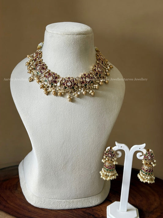 CZ LOTUS MOTIF NECKLACE SET WITH RUBY & GREEN STONES AND GOLD BEADS & PEARLS