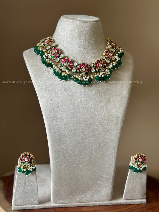 JADAU KUNDAN RUBY STONE LOTUS NECKLACE & STUDS WITH GREEN BEADS