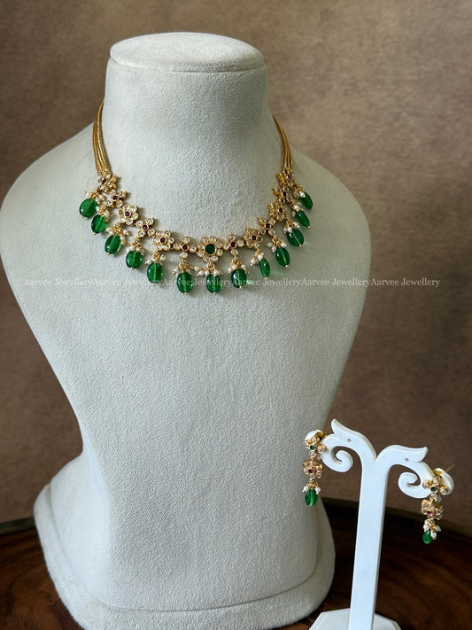 GOLD CHAIN CZ STONES NECKLACE SET WITH GREEN BEADS