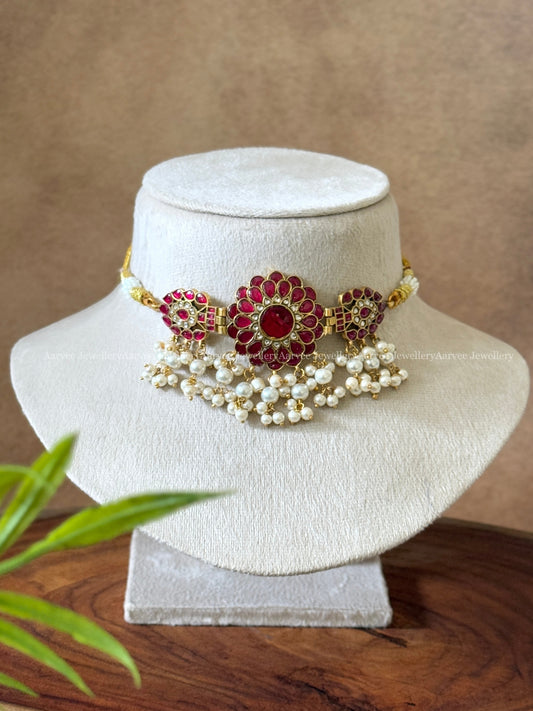 JADAU KUNDAN FLORAL CHOKER WITH RUBY STONES & RICE PEARLS