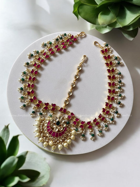 POLKI KUNDAN MATHAPATHI  IN RUBY STONES AND WITH TINY GREEN BEADS DROPS