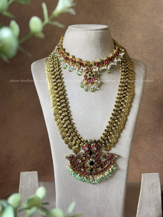 COMBO - JADAU KUNDAN GOLD BALL NECKLACE WITH MANGO PENDANT COIN MID LENGTH CHAIN WITH PASTEL BEADS