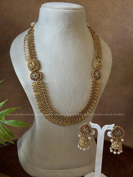 KEMP STONE LAKSHMI GOLD COIN MID LENGTH HARAM SET