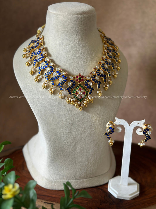 JADAU KUNDAN PARROT MOTIF NECKLACE SET WITH BLUE STONES