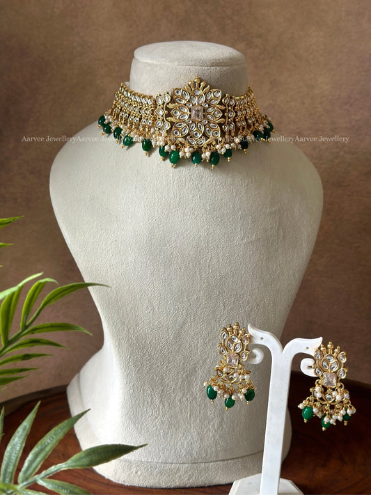 CZ WHITE STONE HIGH NECK CHOKER SET WITH GREEN & PEARL BEADS