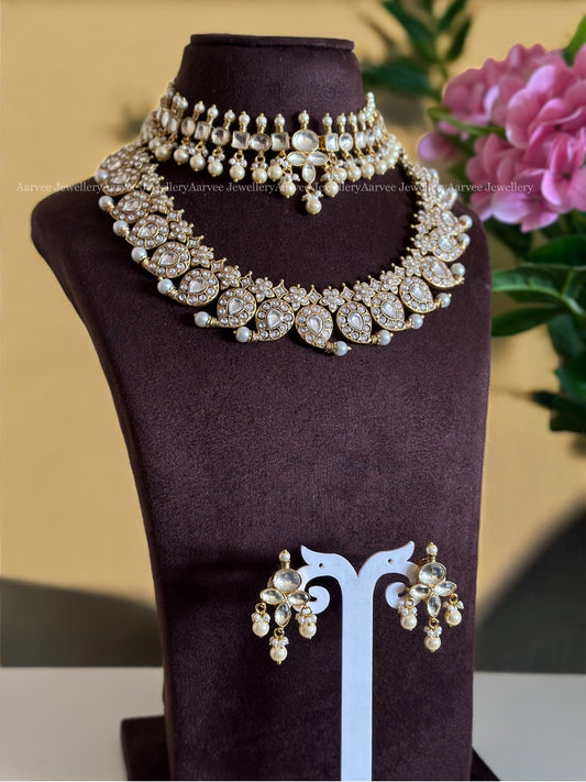 COMBO - KUNDAN WHITE STONE CHOKER STYLED WITH JADAU KUNDAN MANGO MOTIF NECKLACE SET