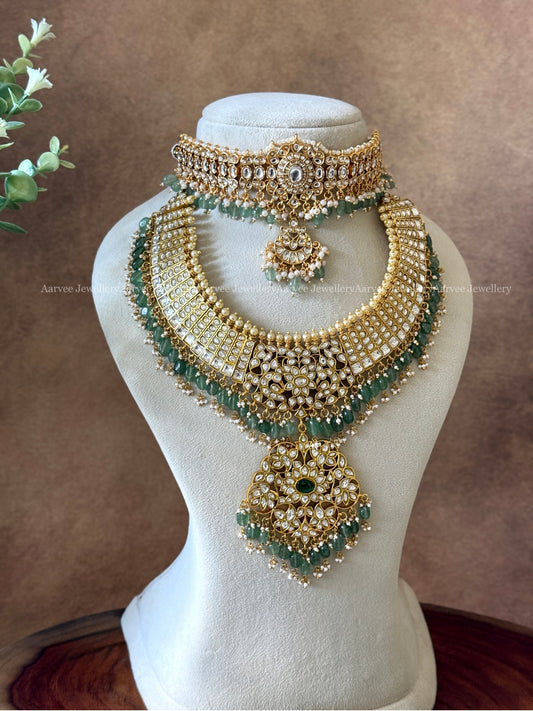 COMBO - KEMP WHITE STONE SINGLE PENDANT CHOKER WITH JADAU KUNDAN STATEMENT NECKLACE WITH PASTEL BEADS
