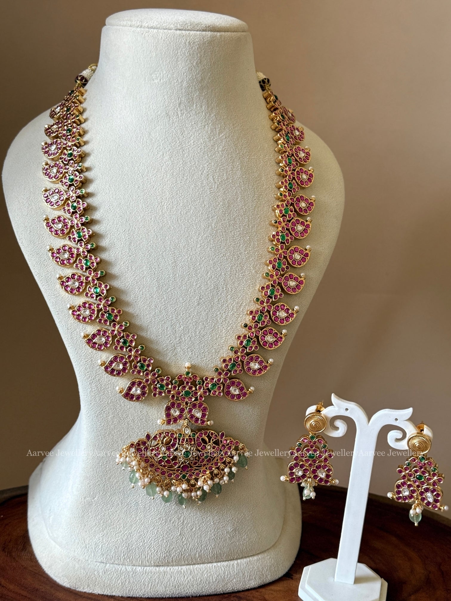 PREMIUM KEMP PINK / WHITE STONES 2 IN 1 REVERSIBLE HARAM SET WITH PASTEL BEADS