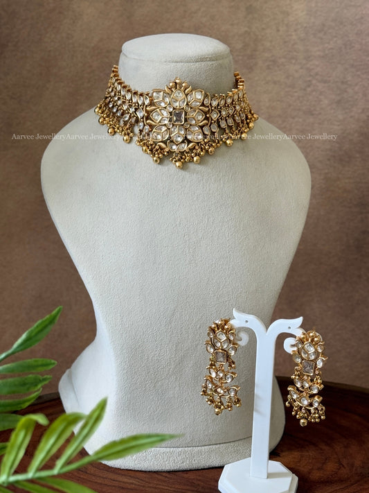 KUNDAN WHITE STONE FLORAL HIGH NECK CHOKER SET WITH GLOD BEADS