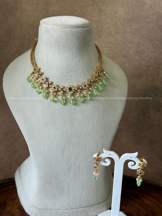 GOLD CHAIN CZ STONES NECKLACE SET WITH PASTEL GREEN BEADS