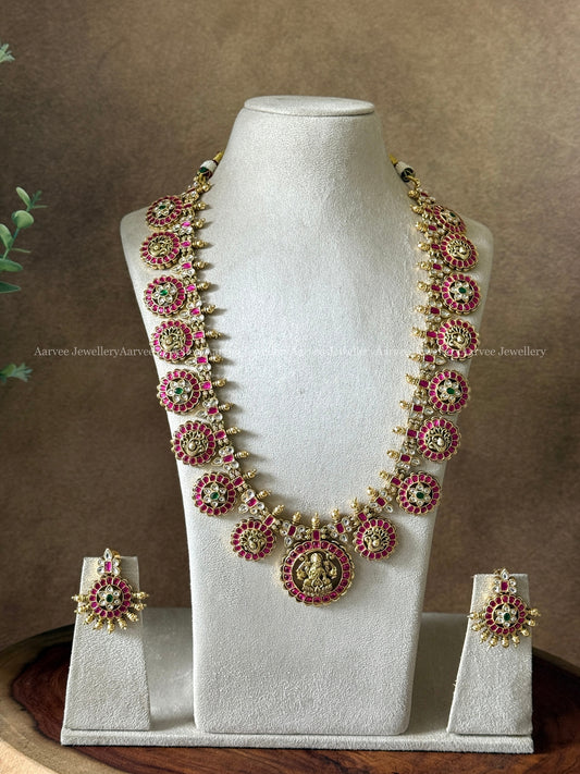 PREMIUM JADAU KUNDAN BOTTU MALA HARAM SET WITH PINK STONES