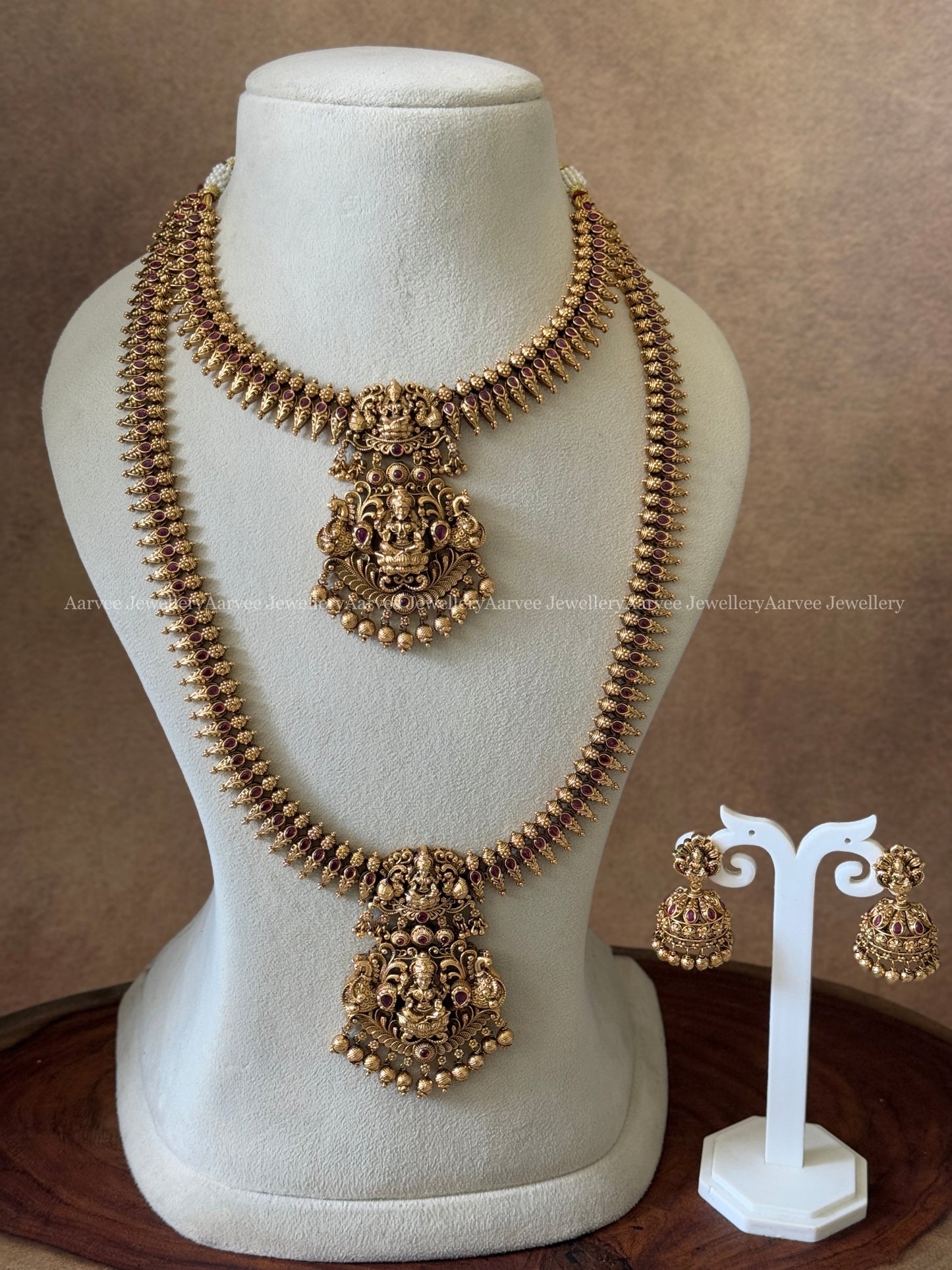ANTIQUE GOLD LAKSHMI PENDANT NECKLACE AND HARAM SET WITH RUBY STONE & GOLD BEADS