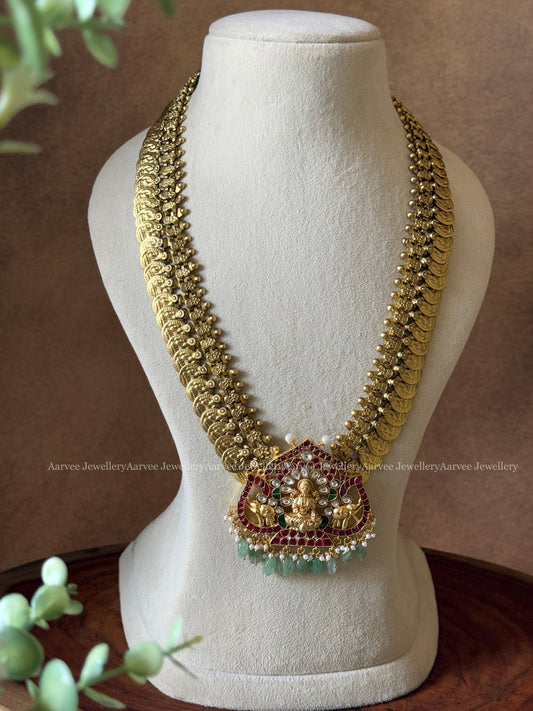 JADAU KUNDAN MID LENGTH GOLD COIN CHAIN WITH LAKSHMI PENDANT WITH PASTEL BEADS