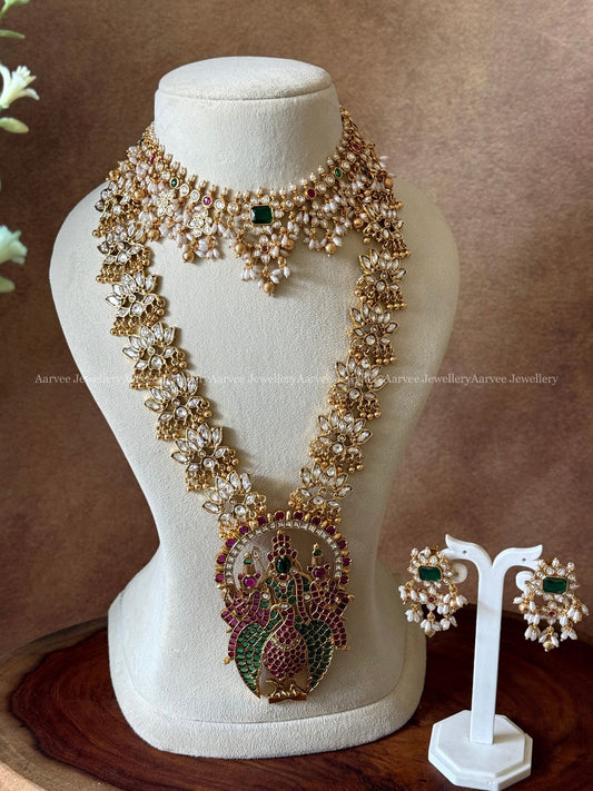 COMBO - CZ GUTTA PUSALU NECKLACE SET |  KUNDAN WHITE STONES LOTUS MOTIF HARAM WITH KEMP STONE STUDDED LORD MURUGAN PENDANT
