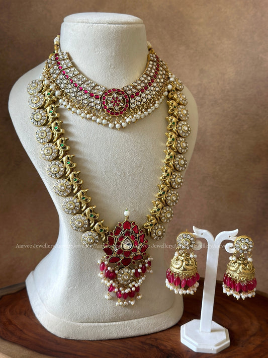 JADAU KUNDAN PINK & WHITE STONE BUTTA NECKLACE PAIRED WITH WHITE STONE BUTTA HARAM WITH PINK STONE LOTUS PENDANT AND WITH PINK BEADS