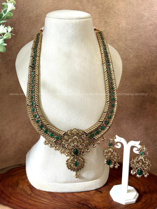 GREEN STONE PEACOCK DESIGN HARAM SET WITH GOLD BEADS - NON IDOL