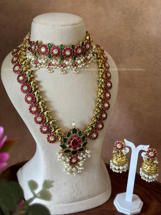 SEMI BRIDAL - JADAU KUNDAN BUTTA CHOKER WITH LOTUS HARAM SET WITH PINK / GREEN STONES