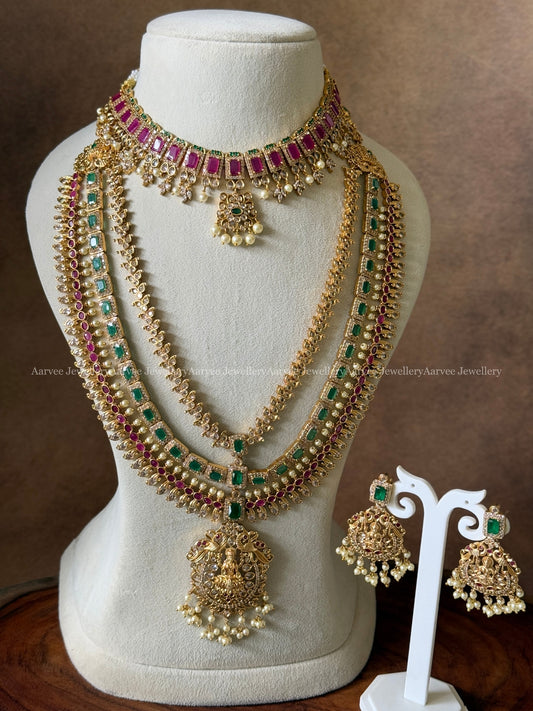 COMBO - CZ RUBY STONE NECKLACE WITH CZ RUBY / GREEN STONE LAYERED MID LENGTH HARAM SET WITH LAKSHMI PENDANT