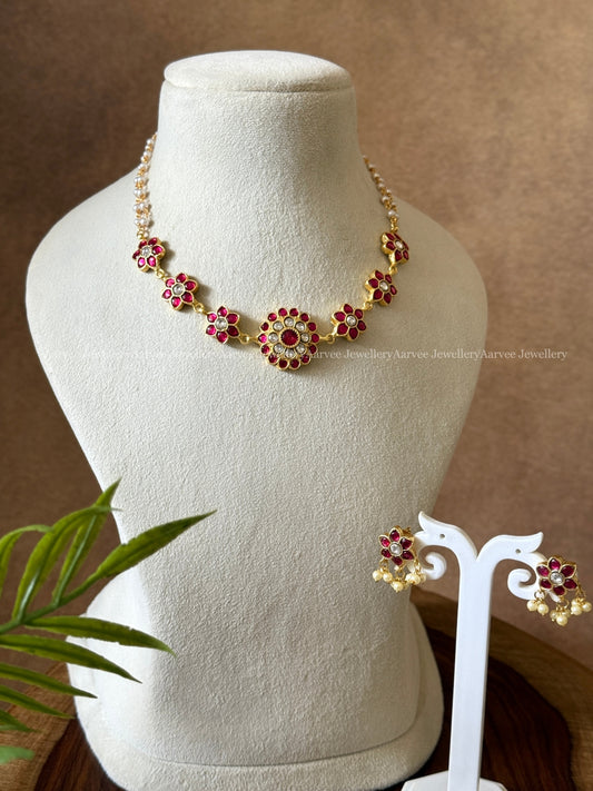 JADAU KUNDAN PEARL LINE NECKLACE SET WITH RUBY STONES ROUND PENDANT