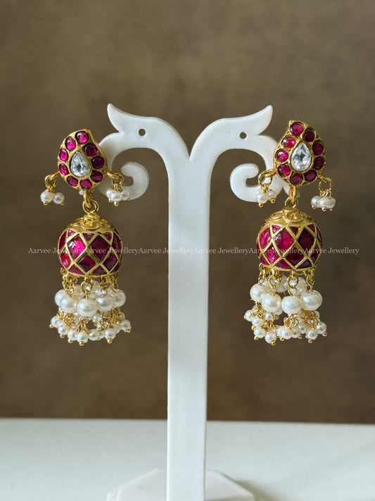 JADAU KUNDAN MANGO JHUMKI WITH PINK STONE & PEARLS