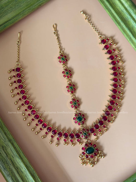 KEMP RUBY / GREEN STONES MATHAPATHI WITH GOLD BEADS