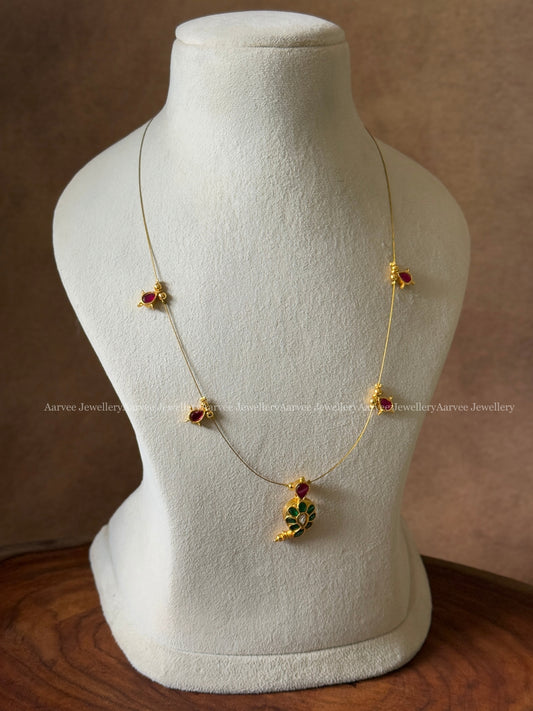 INVISIBLE CHAIN WITH JADAU KUNDAN GREEN STONE MANGO MOTIF PENDANT