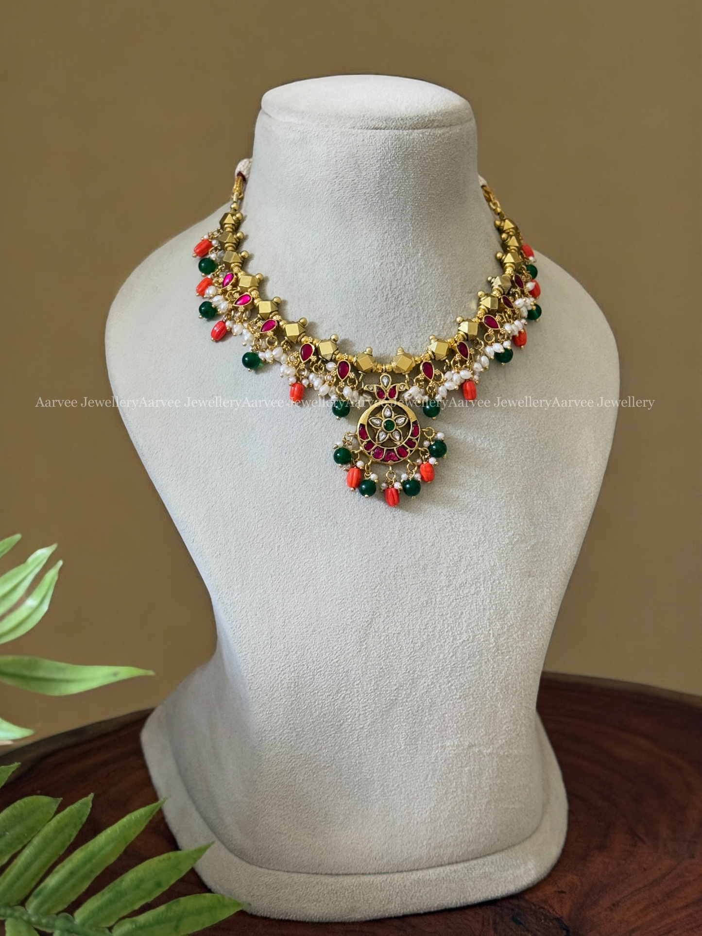 JADAU KUNDAN GOLD BALL DESIGN NECKLACE WITH GREEN & CORAL BEADS
