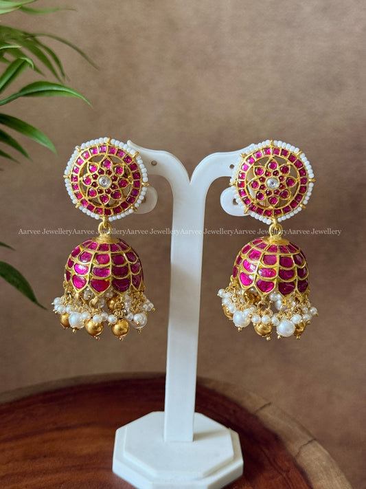 JADAU KUNDAN FULL RUBY BUTTA JHUMKI WITH GOLD & PEARL BEADS