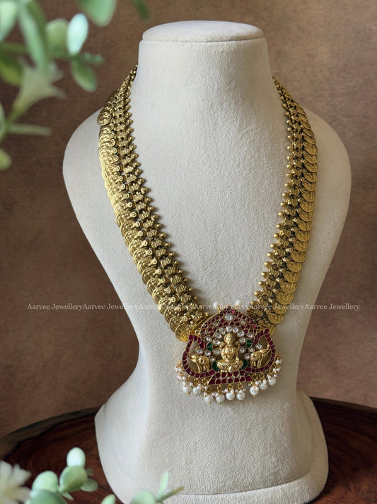 JADAU KUNDAN MID LENGTH GOLD COIN CHAIN WITH LAKSHMI PENDANT WITH PEARL BEADS