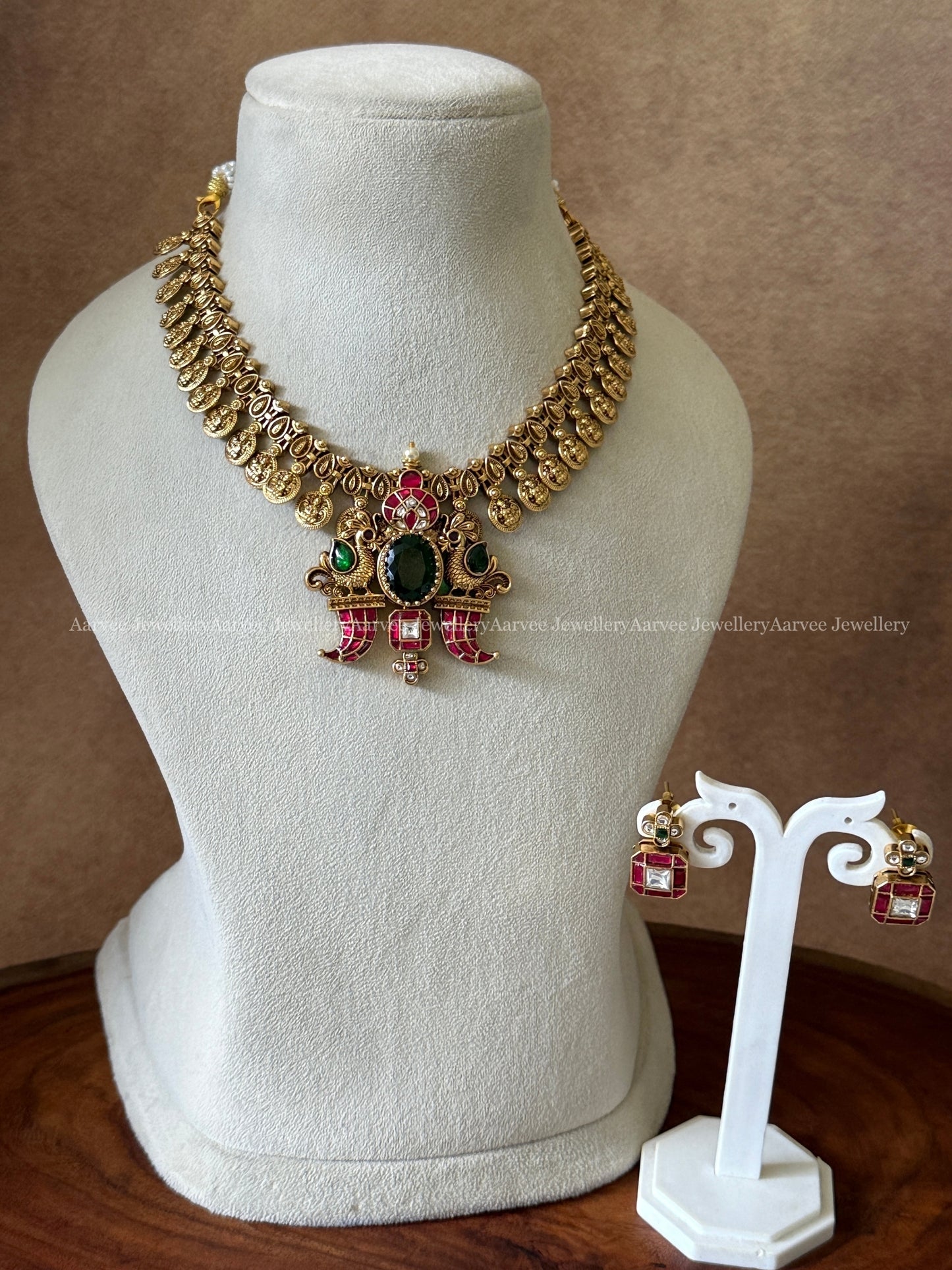 GOLD FINISH LAKSHMI COIN FUSION NECKLACE SET WITH PINK / WHITE KEMP STONES PEACOCK PENDANT 