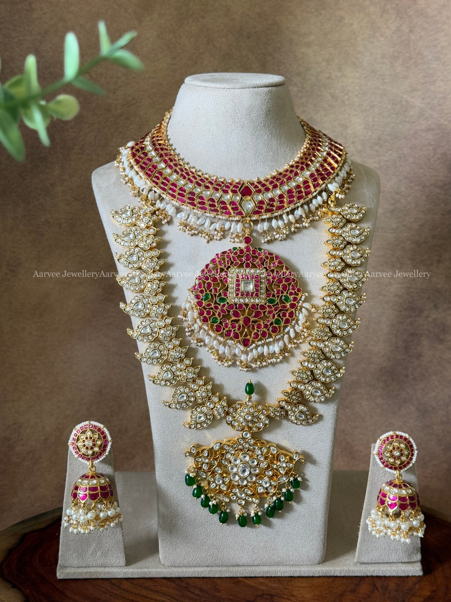 LUXE JADAU KUNDAN SEMI BRIDAL JEWELLERY SET | RUBY STONE BRIDAL NECKLACE WITH WHITE STONE MANGO MID LENGTH HARAM AND BUTTA JHUMKI