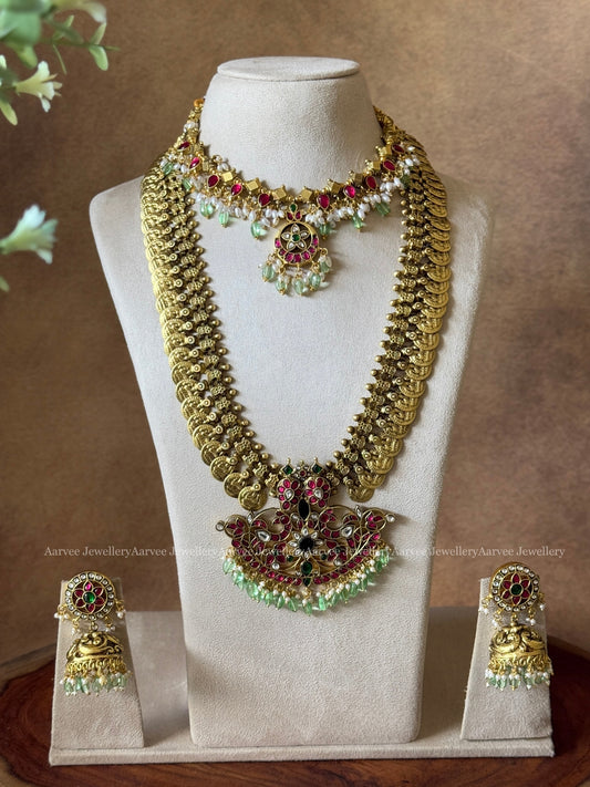 JADAU KUNDAN GOLD BALL NECKLACE WITH MANGO PENDANT COIN MID LENGTH CHAIN & JHUMKI WITH PASTEL BEADS