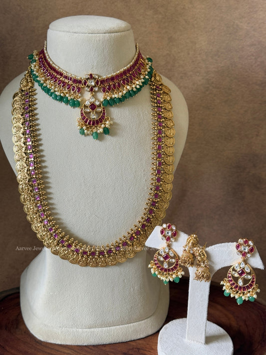 COMBO- SEMI PRECIOUS KEMP CHOKER WITH HIGH QUALITY ANTIQUE FINISH LAKSHMI COIN MID LENGTH HARAM SET WITH RUBY STONES