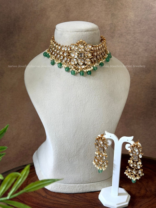 KUNDAN WHITE STONE FLORAL HIGH NECK CHOKER SET WITH PASTEL BEADS
