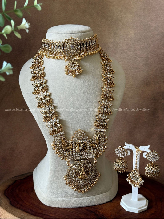 COMBO - WHITE KUNDAN STONE SINGLE PENDANT CHOKER | WHITE KUNDAN STONE LOTUS MOTIF HARAM SET WITH PEACOCK LAKSHMI PENDANT AND  MIX OF PEARLS & GOLD BEADS