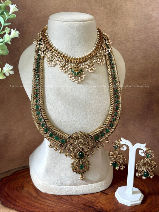 COMBO - GOLD FINISH GUTTA PUSALU NECKLACE WITH LAKSHMI PENDANT PAIRED WITH GREEN STONE HARAM SET IN GOLD BEADS