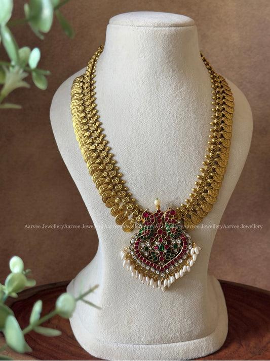 JADAU KUNDAN MID LENGTH  GOLD COIN CHAIN WITH PEACOCK PENDANT WITH RICE PEARLS