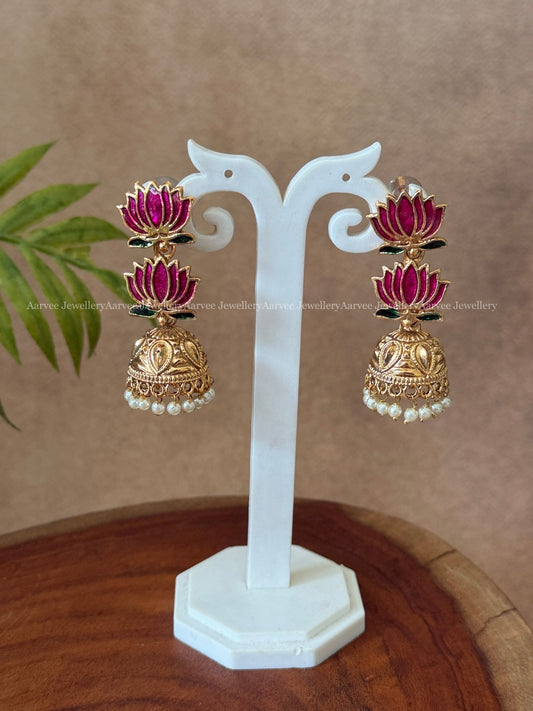 PINK COLOR DUAL LOTUS JHUMKI
