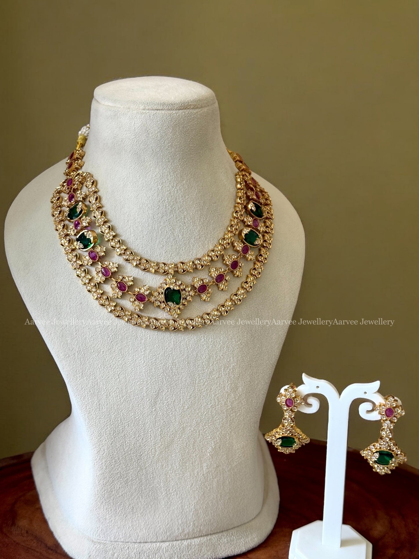 HIGH QUALITY NON IDOL CZ MULTI COLOUR STONES LAYERED NECKLACE SET