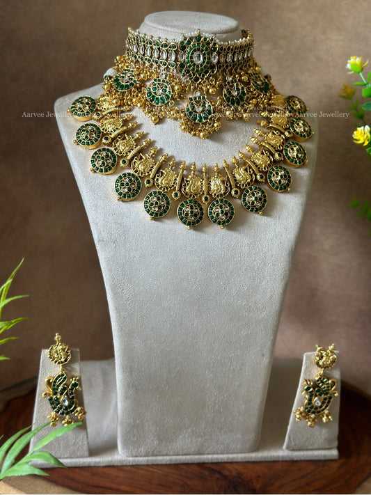 COMBO - GREEN STONE MULTI PENDANT CHOKER & GOLD TONE BUTTA BRIDAL NECKLACE SET WITH GOLD BEADS
