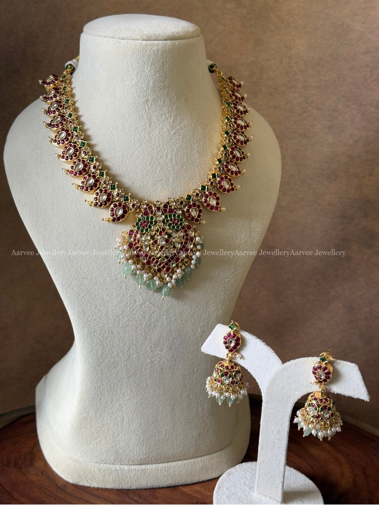 KEMP STONES MANGO MOTIF NECKLACE SET WITH PEACOCK PENDANT & IN PASTEL BEADS