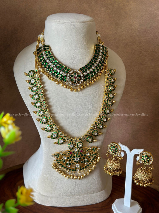 JADAU KUNDAN BRIDAL JEWELLERY - GREEN STONE BUTTA CHOKER & GREEN STONE MANGO MOTIF MID LENGTH NECKLACE WITH GOLD ANF BUTTA JHUMKI