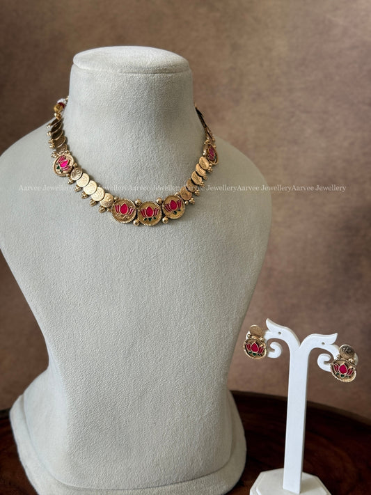 ELEGANT PINK LOTUS AND COIN NECKLACE SET