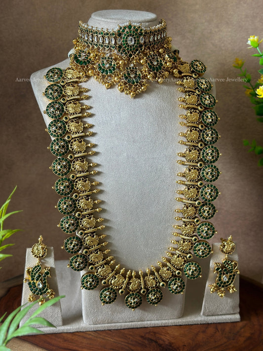 COMBO - GREEN STONE MULTI PENDANT CHOKER & GOLD TONE BUTTA BRIDAL HARAM SET WITH GOLD BEADS