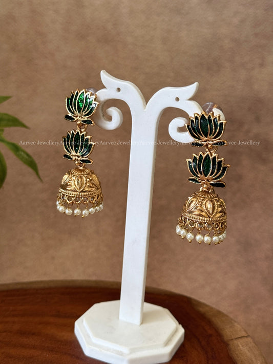 GREEN COLOR DUAL LOTUS JHUMKI
