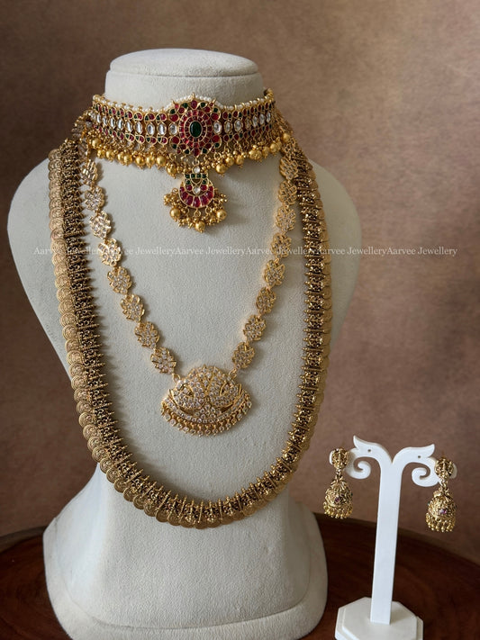 ELEGANT SEMI BRIDAL SET - KEMP CHOKER WITH WHITE IMPHON CHAIN AND COIN HARAM SET 