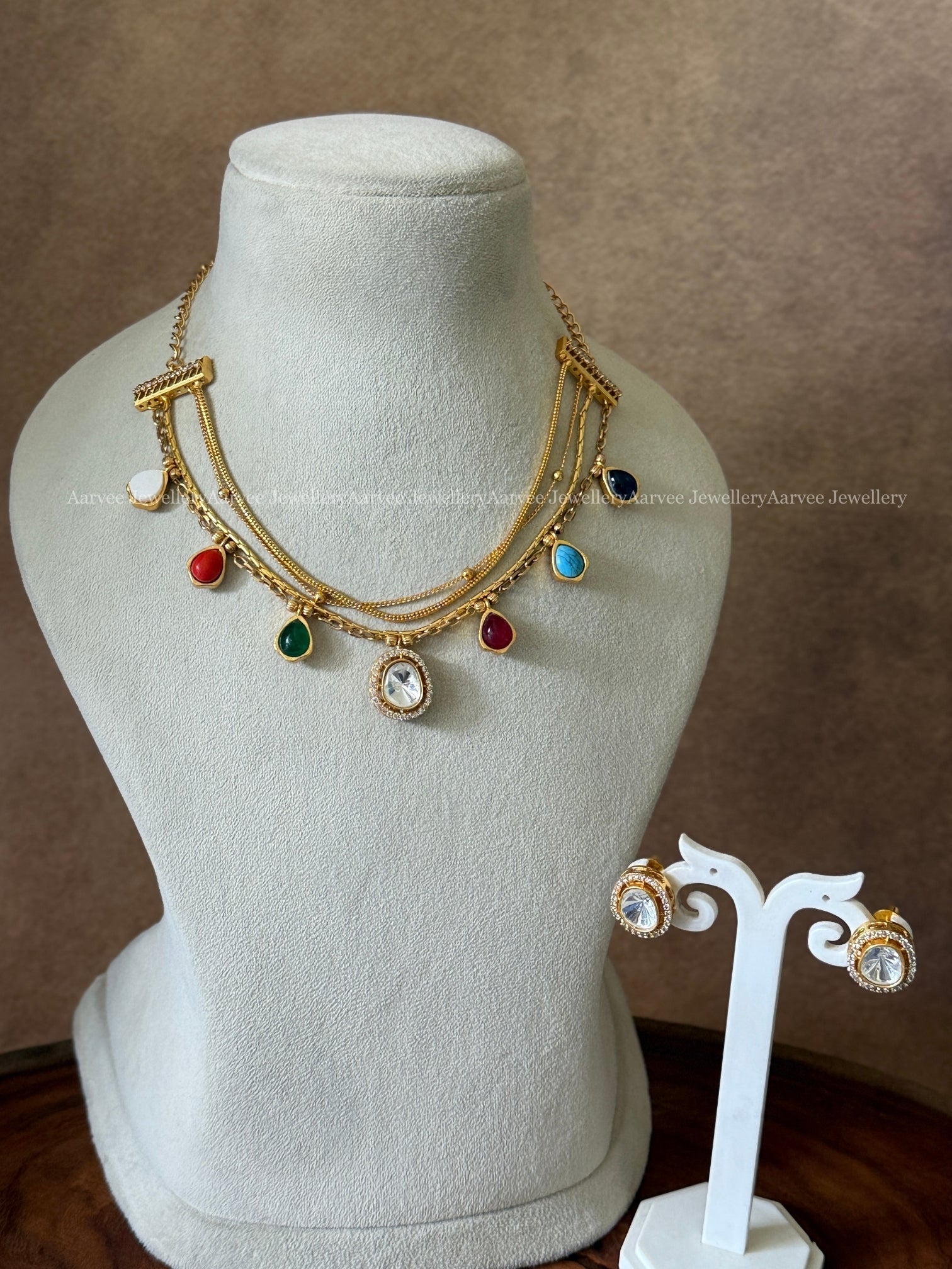 LAYERED GOLD CHAIN NECKLACE SET WITH MULTI COLOR STONES