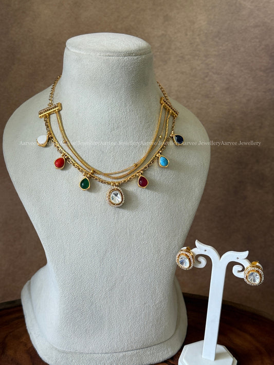 LAYERED GOLD CHAIN NECKLACE SET WITH MULTI COLOR STONES