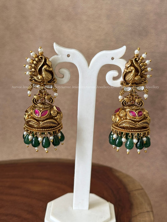 PREMIUM AUTIQUE GOLD PEACOCK JHUMKI WITH GREEN BEADS